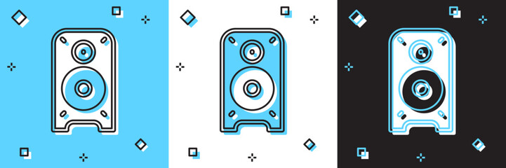 Set Stereo speaker icon isolated on blue and white, black background. Sound system speakers. Music icon. Musical column speaker bass equipment. Vector
