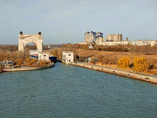 Volgograd, Volgograd region, Russia - 11.06.2021. The Arch of the Volga-Don Canal in the...