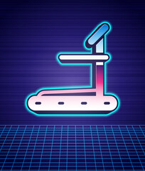 Retro style Treadmill machine icon isolated futuristic landscape background. 80s fashion party. Vector
