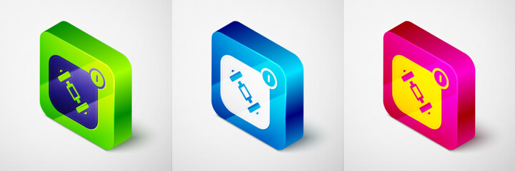 Isometric Fitness app for sports icon isolated on grey background. Healthcare mobile app concept. Online fitness or mobile trainer. Square button. Vector