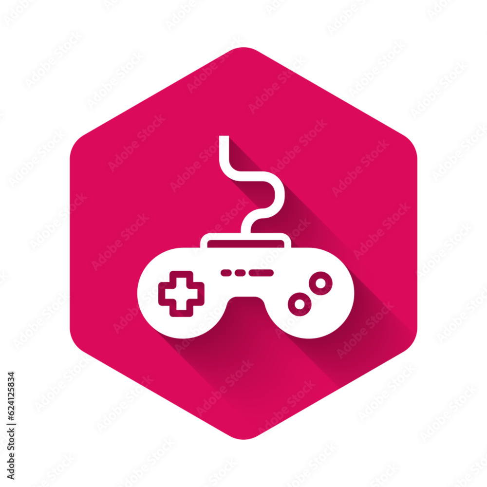 Poster white gamepad icon isolated with long shadow background. game controller. pink hexagon button. vecto