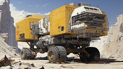 A large yellow truck driving through a desert. Generative AI.