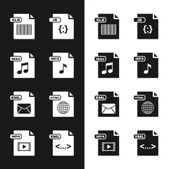 Set MP3 file document, WAV, XLS, JS, EML, HTML, XML and MP4 icon. Vector