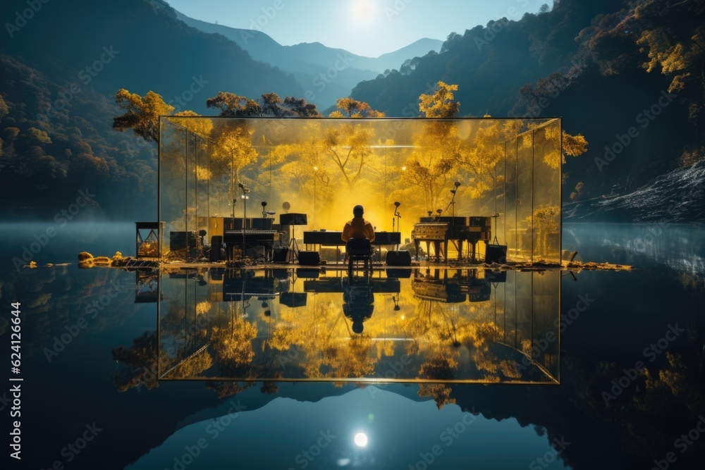 Poster a man sitting at a table in front of a lake. generative ai.
