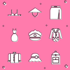 Set Bra, Asian conical hat, Skirt, Woman dress, Police cap with cockade, Blazer or jacket, T-shirt and Elegant women icon. Vector