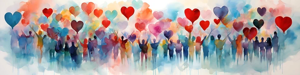 Foto op Aluminium Diverse people with arms and hands raised towards hand painted hearts. Charity donation, volunteer work, support, assistance. Multicultural community. People diversity. © cartoon-IT