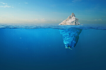 Iceberg - plastic bag with a view under the water. Pollution of the oceans. Plastic bag environment...