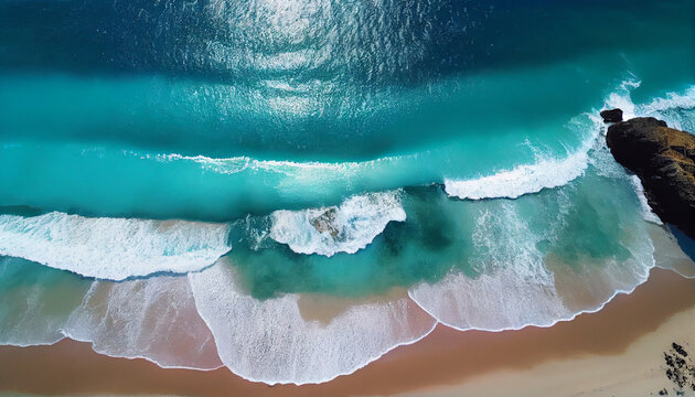 A relaxing aerial beach scene serves as the banner for the summer holiday. Amazingly blue ocean waves, the seashore, and the coastline. Ai generated image