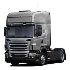 Modern European truck with gray color and black plastic bumper. Front side view isolated on white background.