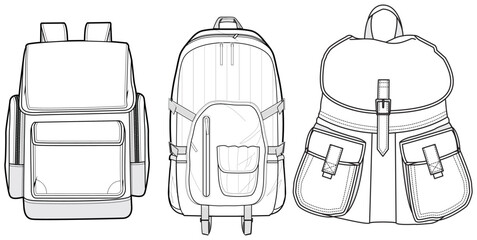 Set of rucksack Backpack bag flat sketch fashion illustration drawing template mock up, Hiking Backpack cad drawing. - obrazy, fototapety, plakaty