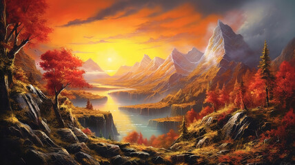 A mountaintop meadow, ablaze with the fiery hues of sunset. Generative Ai