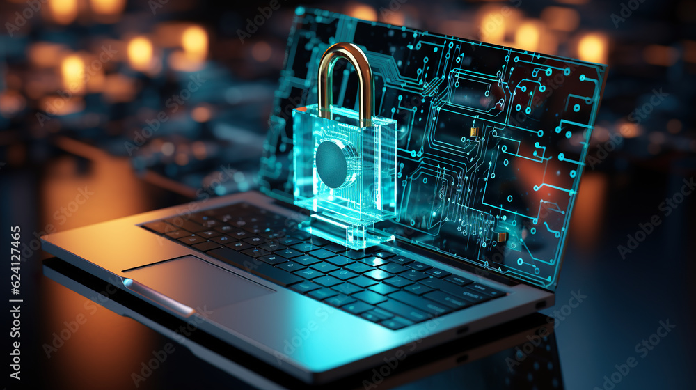 Poster cyber security logistics, software, solutions. a laptop with a lock on the keyboard. generative ai i