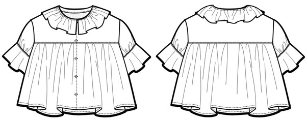 Girls frock dress design with Frills ans ruffle neck flat sketch fashion illustration vector template with front and back view, Toddler baby girl button down dress
