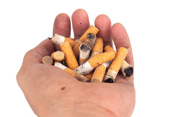 hand cigarette butts isolated on white background