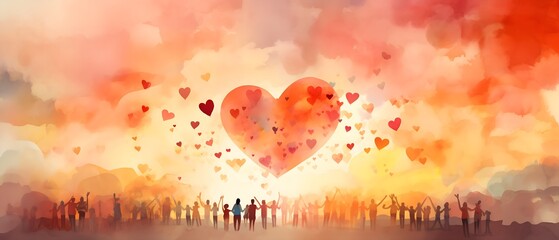 Peace on earth, diverse people hand in hand watching a hand painted big red heart in the sky. Charity donation, volunteer work, support, assistance. Multicultural community. People diversity.