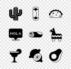 Set Cactus, Burrito, Taco with tortilla, Margarita cocktail, Lime, Avocado fruit, Hola and icon. Vector © vector_v