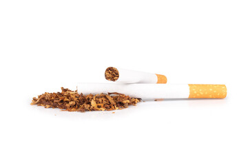 tobacco leaves cigarette butts isolated on white background