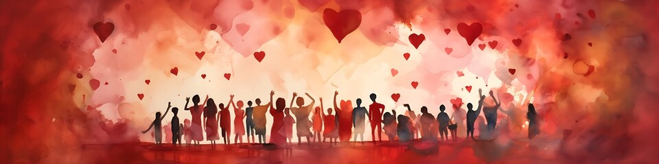 red community banner with silhouette of people, symbolizing solidarity, togetherness, watercolor illustration - obrazy, fototapety, plakaty