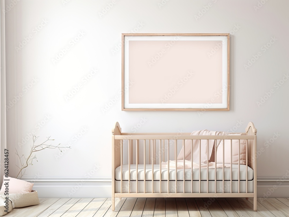 Poster a baby's room with a crib and a picture frame on the wall. generative ai. empty frame on a wall mock