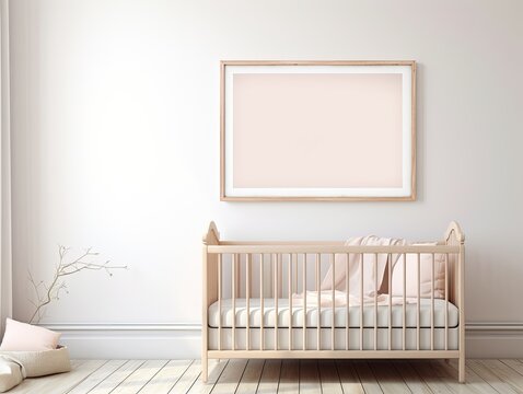 A baby's room with a crib and a picture frame on the wall. Generative AI. Empty frame on a wall mockup.