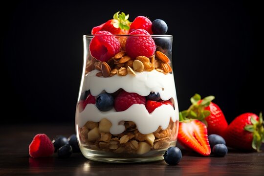 Fresh yogurt granola parfait with sliced nuts, fresh strawberry, raspberry, blueberry and mango fruits in a glass jar on dark background. generative AI