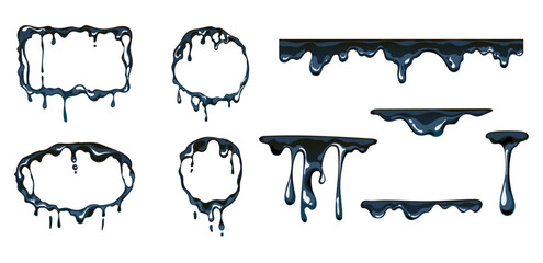 Ink splat spot drop drip splash black oil frame isolated set. Vector graphic design illustration
