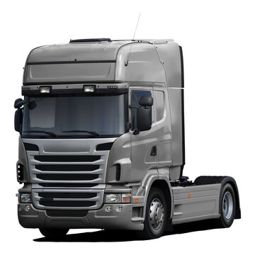 A modern European truck is completely gray. Front side view isolated on white background.