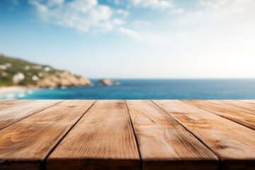Wooden table on the background of the sea, island and the blue sky. High quality photo - obrazy, fototapety, plakaty