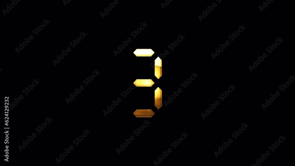 Poster loop digital number three golden shine light motion text with glitch effect animation on black abstr