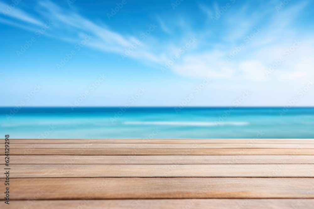 Poster wooden table top on blurred sea scape background - can be used for display or montage your products.
