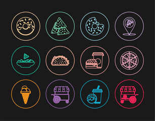 Naklejka premium Set line Fast street food cart, Pizza, Donut, Taco with tortilla, Nachos in plate, Coffee and burger and icon. Vector