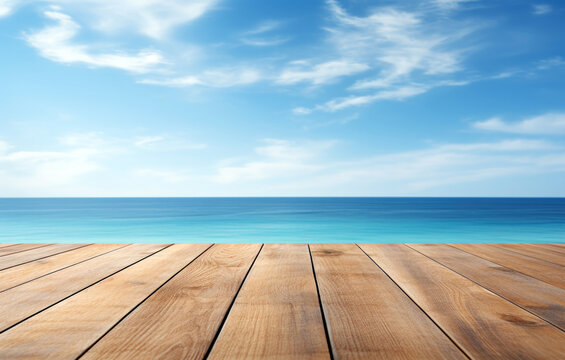 Wooden deck and ocean seascape background. High quality photo