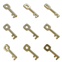 Set of gold keys, Set of 3d keys with transparent background, PNG, Gold
