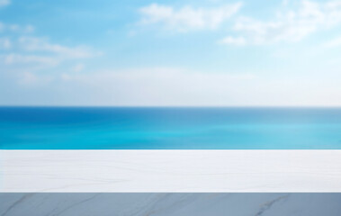 Empty white marble table top over blurred sea and sky background, for product display montage. High quality photo