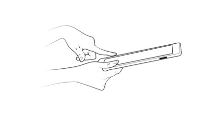 Human hands using a smartphone, digital tablet and a pointing finger touching the screen. Basic hand drawn sketch black inked lines style vector illustration isolated on white background.