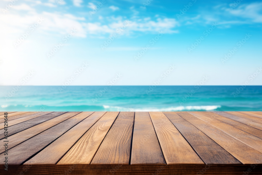 Poster wooden table top on blurred beach background - can be used for display or montage your products. hig