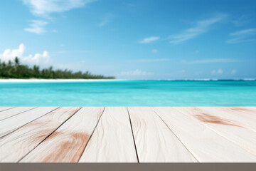 Fototapeta premium Wood table top on blur tropical beach background - can be used for display or montage your products. High quality photo