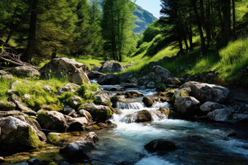 Fototapeta na wymiar Mountain stream with fast water in summer time in Kazakhstan