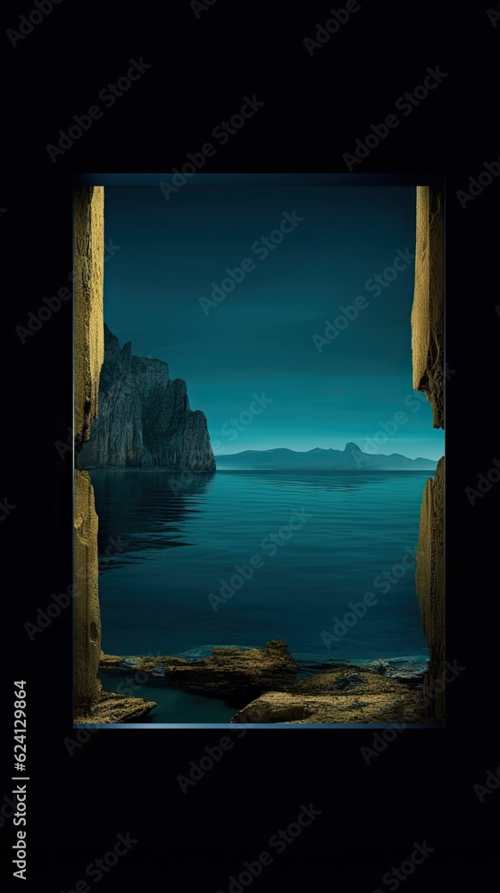 Poster a view of a body of water from a window. generative ai.