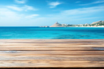 Empty wooden table over blue sea island and blue sky background. For product display. High quality photo
