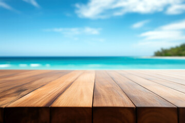Wood table top on blur seascape and island background - can be used for display or montage your products. High quality photo