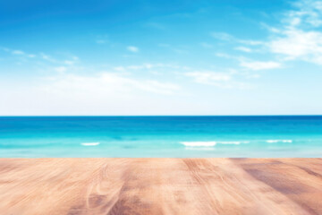 Fototapeta na wymiar Wooden table top on blur seascape background - can be used for display or montage your products. High quality photo