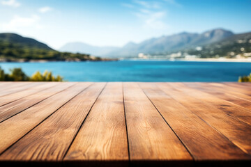 Empty wooden floor for product display montages with sea and mountain background. High quality photo - Powered by Adobe