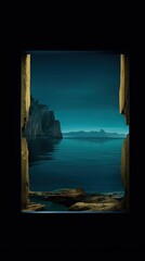 A view of a body of water from a window. Generative AI.