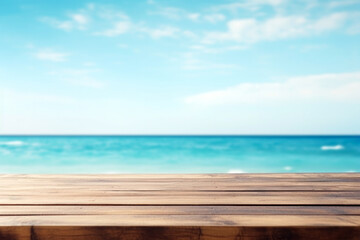 Fototapeta premium Wood table top on blur seascape background - can be used for display or montage your products. High quality photo