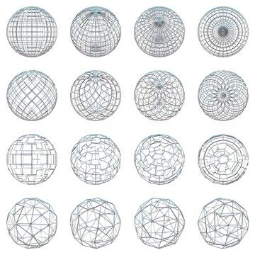 Set of silver globes, Set of 3d sphere with transparent background, PNG, Silver