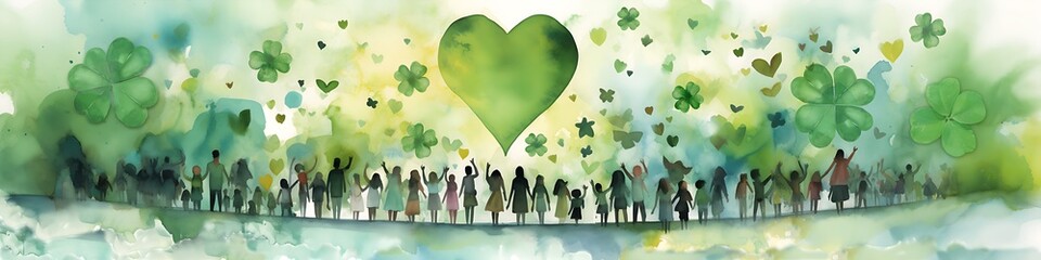 Wishing You Luck and Love: Abstract Watercolor Illustration of People Watching a Green Heart in the Sky