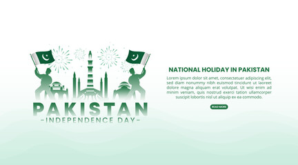 Pakistan Independence Day background with a silhouette of a man holding a flag and buildings