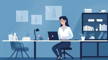 Woman working on laptop in the office, Generative Ai