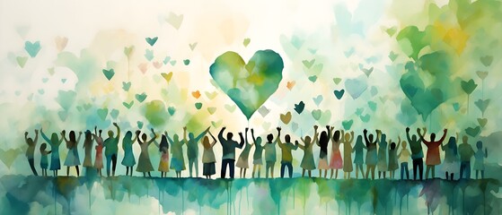 community people raise arms and hands towards sky full of flying green hearts. Abstract watercolor illustration symbolizing love, peace and togetherness